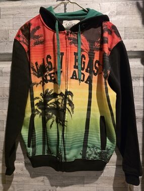 Exist Men’s Zip-Up Hoodie in Red, Yellow, Green with Palm Print